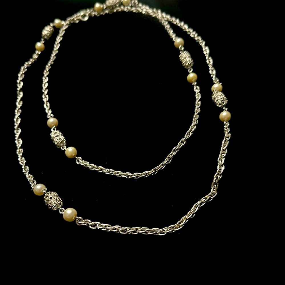 52 inch vintage white faux pearl beads doubler chains long